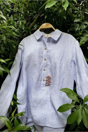 Áo THEN thêu tay - Kẻ xanh nhạt